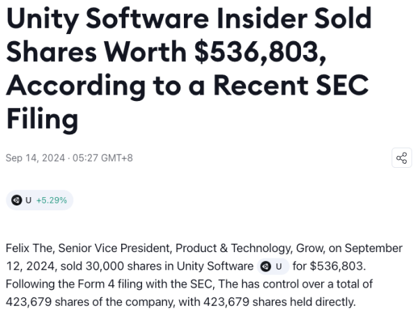 Unity Insider sells shares